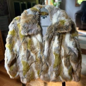 Wild Fable faux fur coat, white/green/tan/grey, medium